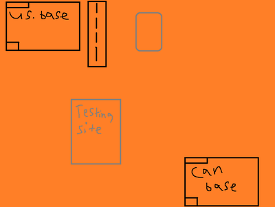 This is a crude overhead drawing of the map. The testing site isn't going to be THAT close to the bases.